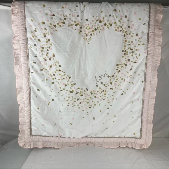 Lambs & Ivy Baby Blanket Pink Gold Confetti Heart Ruffle Trim 2016 - Picture 1 of 13